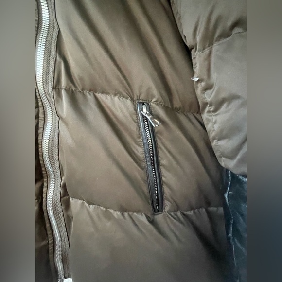 Sandro Marcie Down Puffer Jacket, Lamb Fur Hood, Leather Sleeves; size 3 / L - Picture 3 of 7